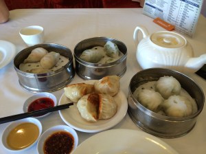 Steamed Spinach, Shrimp with bok choi and pot stickers at Ocean Seafood